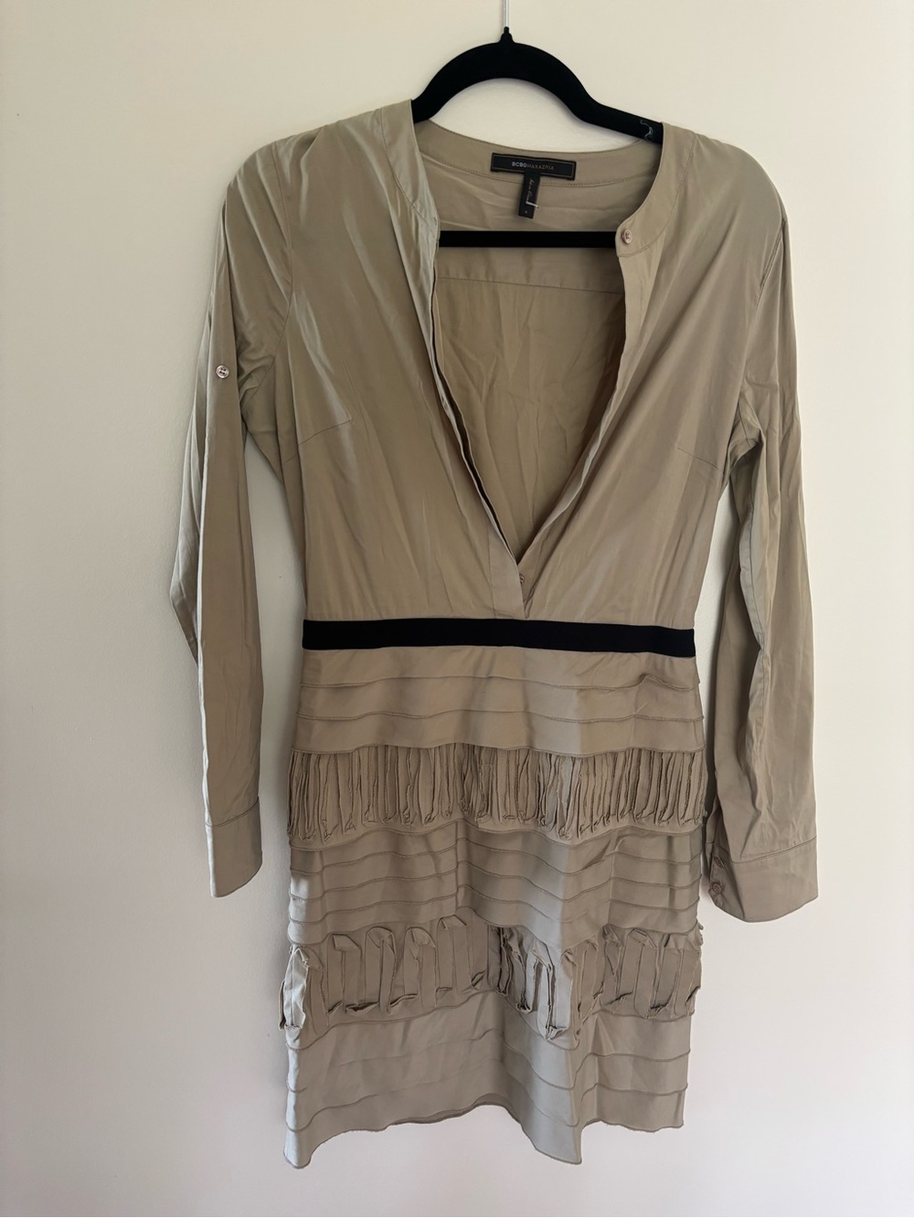 BCBGmaxazria Lined Tiered Textured Khaki Dress Size Small